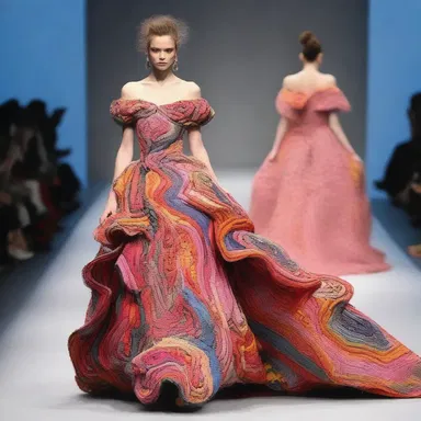 The fashion designer showcased a unique dress made from oddments of fabric.