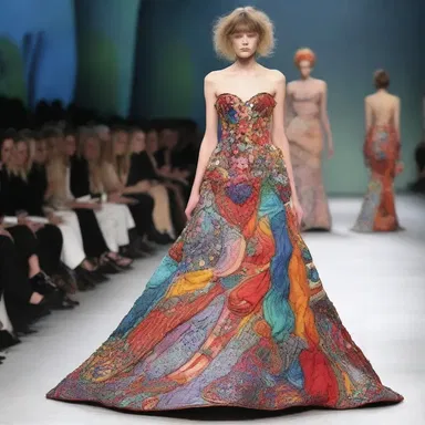 The fashion designer showcased a unique dress made from oddments of fabric.