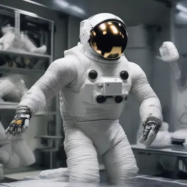 In the distant future, advanced robotic factories efficiently repurpose oddments of cloth into essential components for interstellar spacesuits.