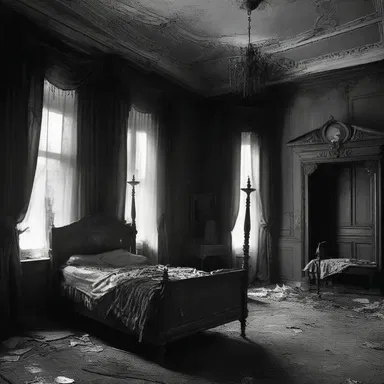 A haunted mansion stood desolate, its rooms filled with tattered oddments of cloth that seemed to move of their own accord, whispering eerie secrets in the darkness.