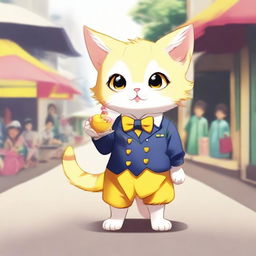 An anthropomorphic yellow kitten with a thick tail, adorably dressed in a school uniform, standing upright and eating fuchka from a street vendor, as if it were human.