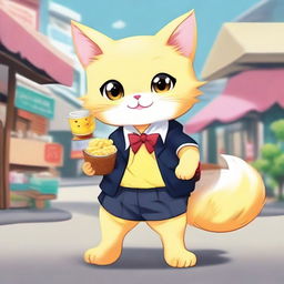 An anthropomorphic yellow kitten with a thick tail, adorably dressed in a school uniform, standing upright and eating fuchka from a street vendor, as if it were human.