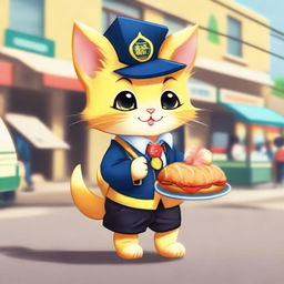 An anthropomorphic yellow kitten with a thick tail, adorably dressed in a school uniform, standing upright and eating fuchka from a street vendor, as if it were human.