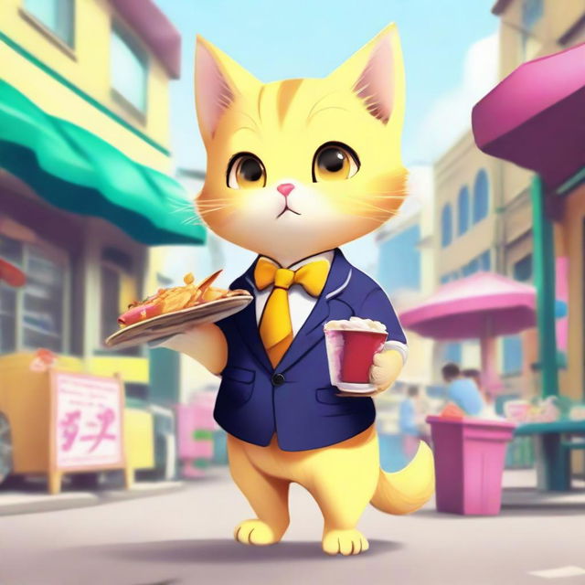 An anthropomorphic yellow kitten with a thick tail, adorably dressed in a school uniform, standing upright and eating fuchka from a street vendor, as if it were human.