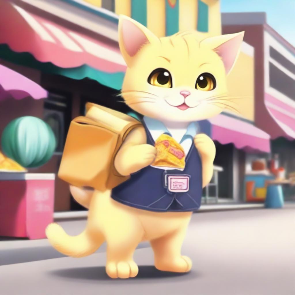 A realistically depicted anthropomorphic yellow kitten with a thick tail, dressed in a school uniform, standing upright and eating fuchka from a street vendor, as if it were a human.