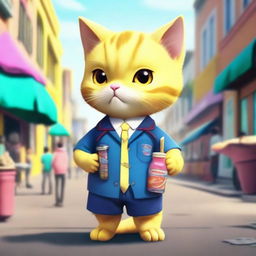 A realistically depicted anthropomorphic yellow kitten with a thick tail, dressed in a school uniform, standing upright and eating fuchka from a street vendor, as if it were a human.