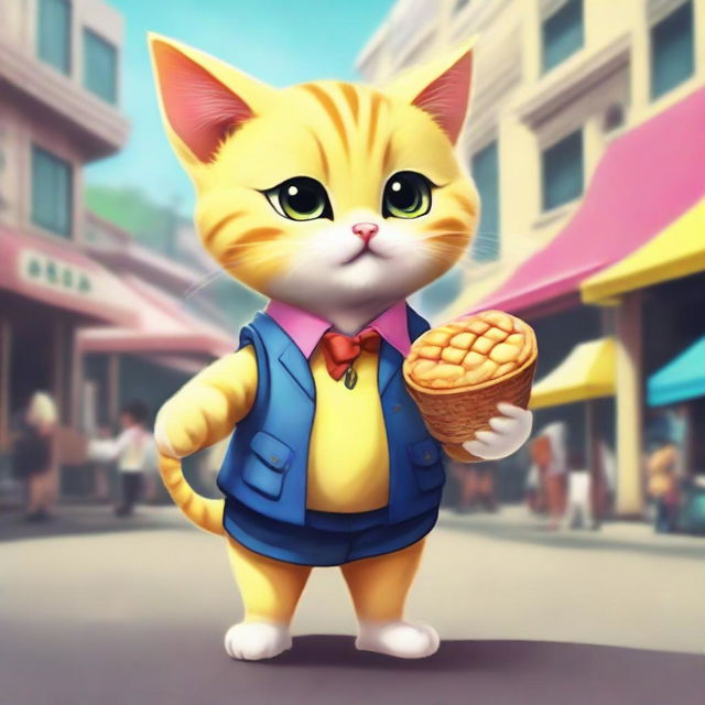 A realistically depicted anthropomorphic yellow kitten with a thick tail, dressed in a school uniform, standing upright and eating fuchka from a street vendor, as if it were a human.