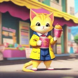 A realistically depicted anthropomorphic yellow kitten with a thick tail, dressed in a school uniform, standing upright and eating fuchka from a street vendor, as if it were a human.