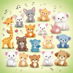 An array of adorable baby animals from around the globe, each serenely listening to melodic, peaceful music.