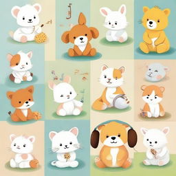 An array of adorable baby animals from around the globe, each serenely listening to melodic, peaceful music.