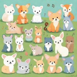 An array of adorable baby animals from around the globe, each serenely listening to melodic, peaceful music.