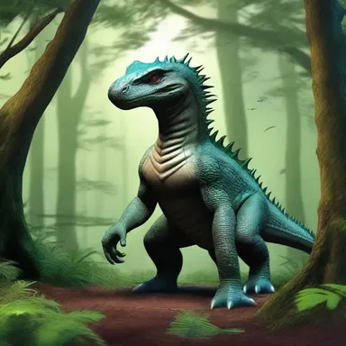 The saurian creature guarded the mystical forest in the magical realm.
