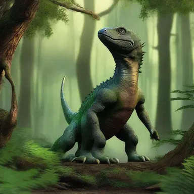 The saurian creature guarded the mystical forest in the magical realm.
