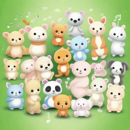 An array of adorable baby animals from around the globe, each serenely listening to melodic, peaceful music.