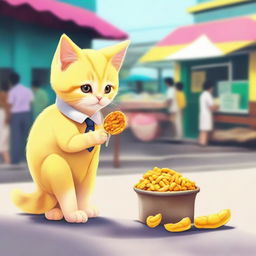 Realistically depict a cute yellow kitten with a thick tail, in school uniform, eating fuchka on a road, standing by the vendor as if it were a human.