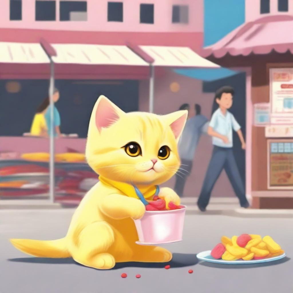 Realistically depict a cute yellow kitten with a thick tail, in school uniform, eating fuchka on a road, standing by the vendor as if it were a human.