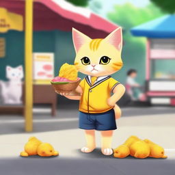 Realistically depict a cute yellow kitten with a thick tail, in school uniform, eating fuchka on a road, standing by the vendor as if it were a human.