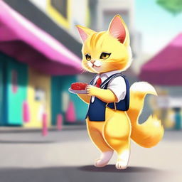 Realistically depict a cute yellow kitten with a thick tail, in school uniform, eating fuchka on a road, standing by the vendor as if it were a human.