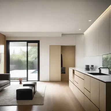 The minimalist house design included a sleek kit of fixtures and fittings.