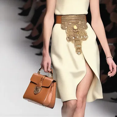 The runway model wore an elegant kit of accessories, including a designer handbag and statement jewelry.