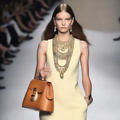 The runway model wore an elegant kit of accessories, including a designer handbag and statement jewelry.