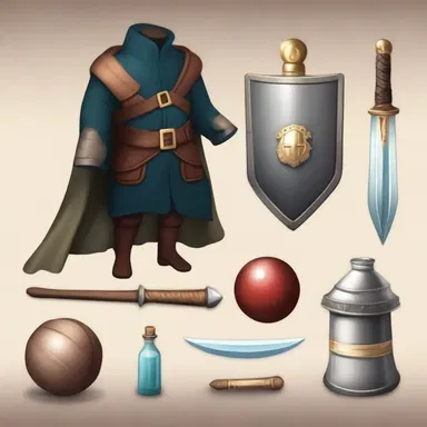 The hero's kit included a magical sword, shield, and a potion to defeat the mythical creature.