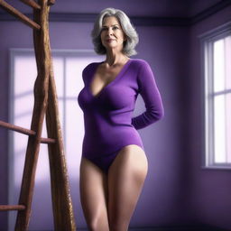 An ultra-realistic digital art featuring a woman in her 50s, standing on a ladder