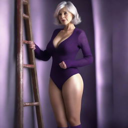 An ultra-realistic digital art featuring a woman in her 50s, standing on a ladder