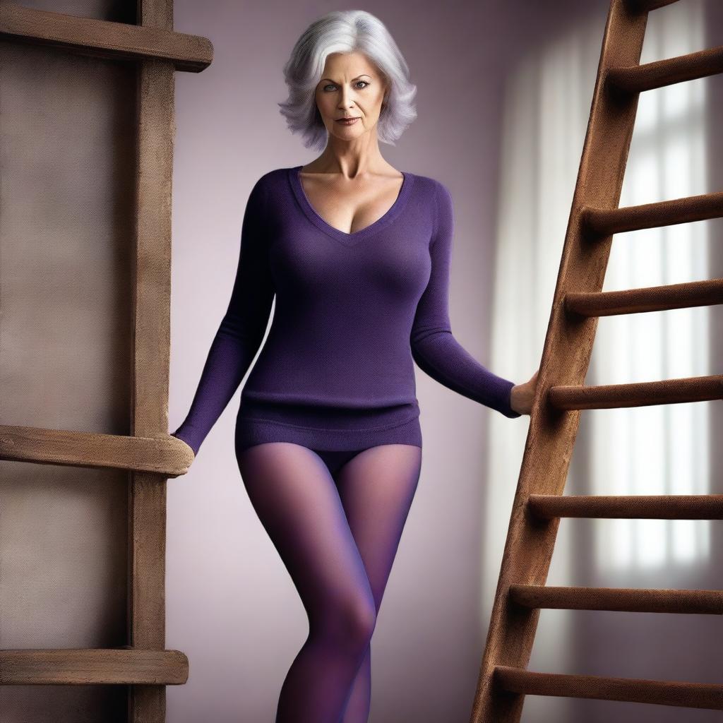 This is an ultra-realistic digital art piece of a woman in her 50s standing on a ladder