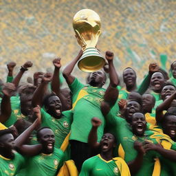 A vivid scene of celebration, depicting an African national football team lifting the Africa Cup of Nations trophy amid roaring fans in 2024