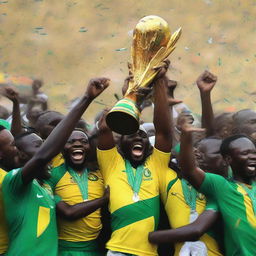 A vivid scene of celebration, depicting an African national football team lifting the Africa Cup of Nations trophy amid roaring fans in 2024