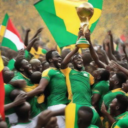 A vivid scene of celebration, depicting an African national football team lifting the Africa Cup of Nations trophy amid roaring fans in 2024