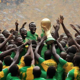 A vivid scene of celebration, depicting an African national football team lifting the Africa Cup of Nations trophy amid roaring fans in 2024