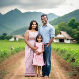 A joyful father and mother posing with their darling twin baby girls near their homely farm, with a scenic house by a road in the background.