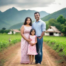 A joyful father and mother posing with their darling twin baby girls near their homely farm, with a scenic house by a road in the background.