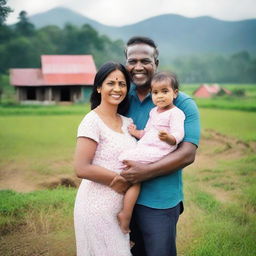 A joyful father and mother posing with their darling twin baby girls near their homely farm, with a scenic house by a road in the background.