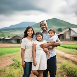 A joyful father and mother posing with their darling twin baby girls near their homely farm, with a scenic house by a road in the background.