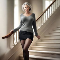 This is an ultra-realistic digital art piece featuring a woman in her 50s climbing stairs