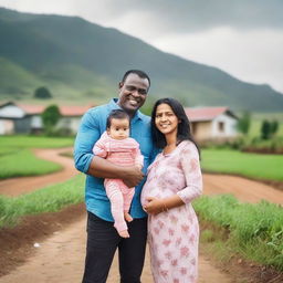 A joyful father and mother posing with their darling twin baby girls near their homely farm, with a scenic house by a road in the background.