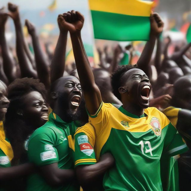 A vibrant scene of euphoria, showing an African national football team celebrating their victory for the 2023 Africa Cup of Nations, amidst a roaring crowd