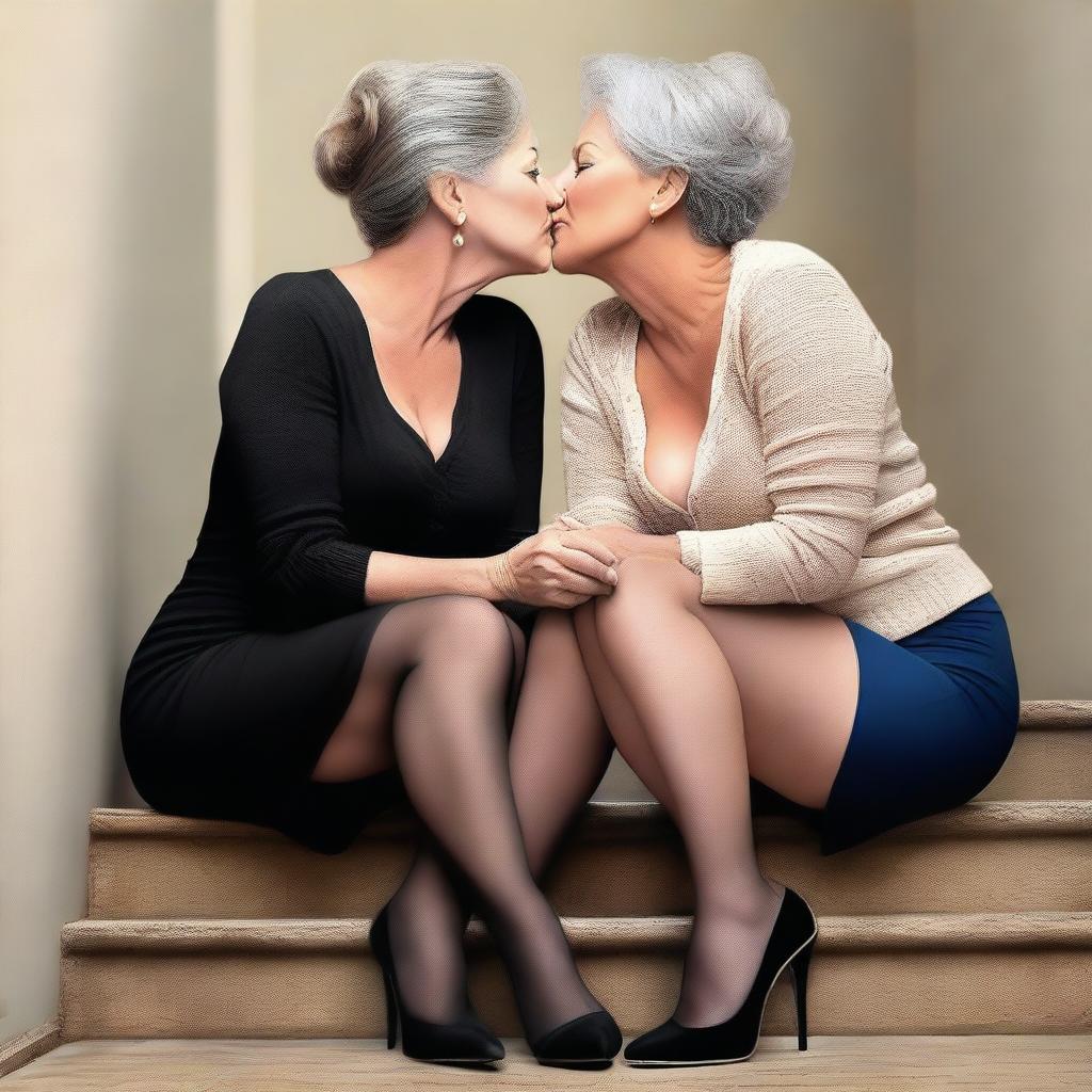 This is an ultra-realistic digital art piece that portrays two women in their 50s sitting on stairs and sharing a kiss