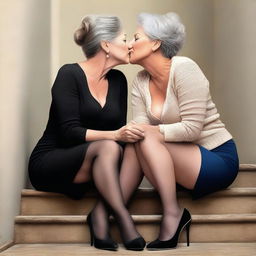 This is an ultra-realistic digital art piece that portrays two women in their 50s sitting on stairs and sharing a kiss