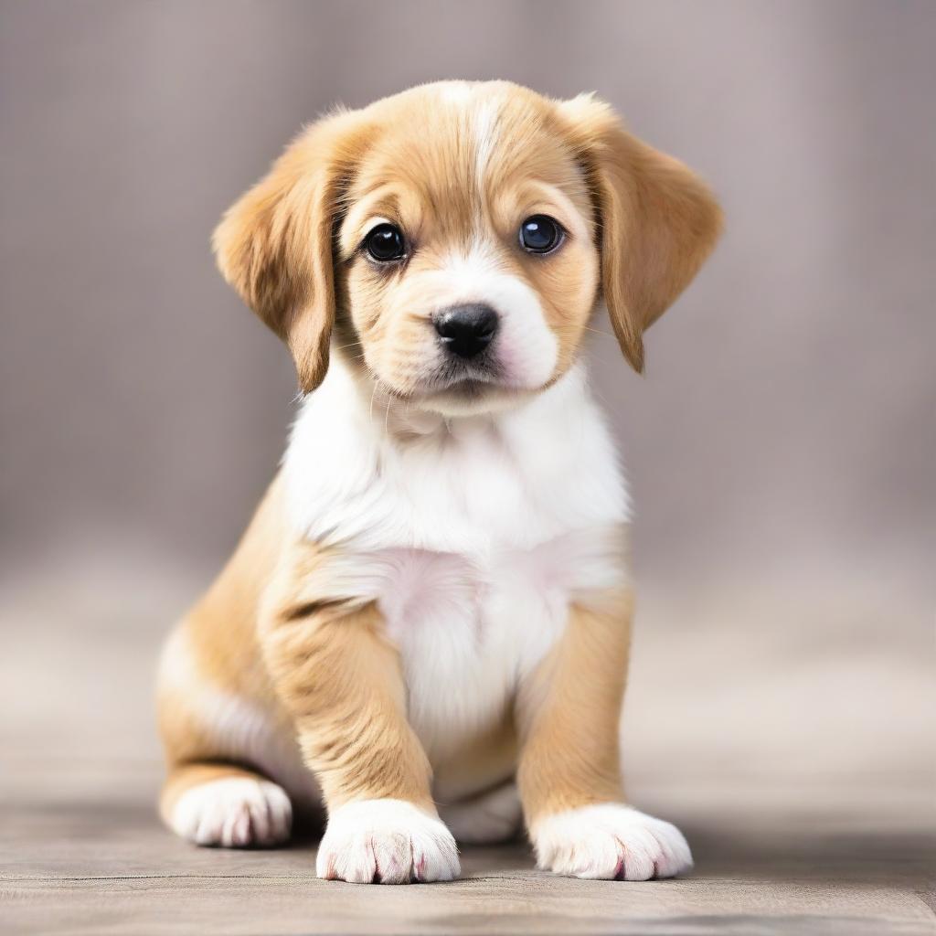 An adorable puppy sitting upright, balancing on its hind legs and front paws, exuding an air of playful innocence.