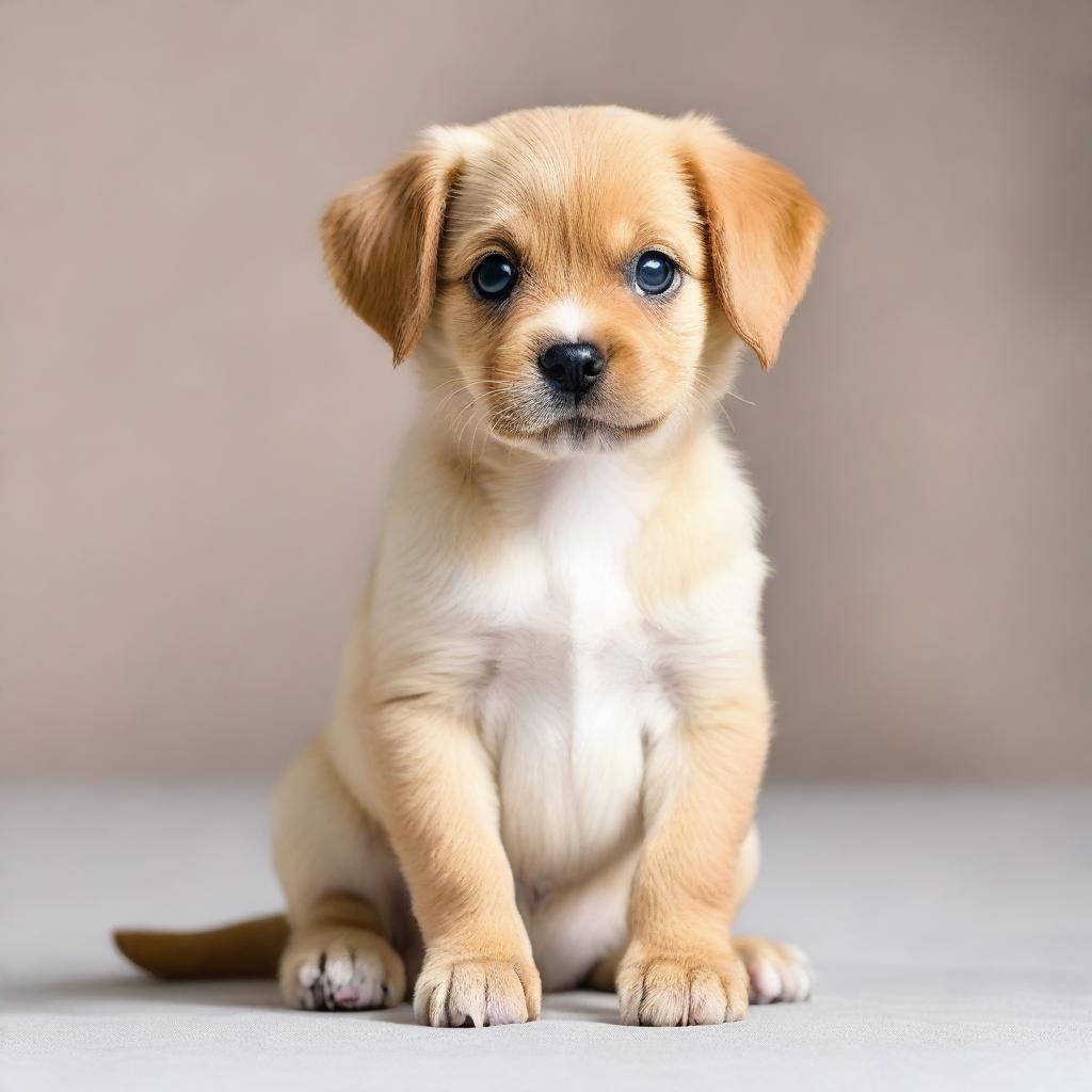 An adorable puppy sitting upright, balancing on its hind legs and front paws, exuding an air of playful innocence.