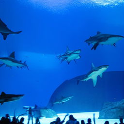 A large aquarium tank filled with crystal clear water and agile, robust sharks swimming gracefully.