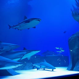 A large aquarium tank filled with crystal clear water and agile, robust sharks swimming gracefully.