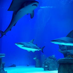 A large aquarium tank filled with crystal clear water and agile, robust sharks swimming gracefully.