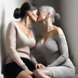 An ultra-realistic digital art piece showcasing two women in their 50s sitting on stairs, engaged in a tender kiss and touching each other's legs