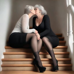 An ultra-realistic digital art piece showcasing two women in their 50s sitting on stairs, engaged in a tender kiss and touching each other's legs