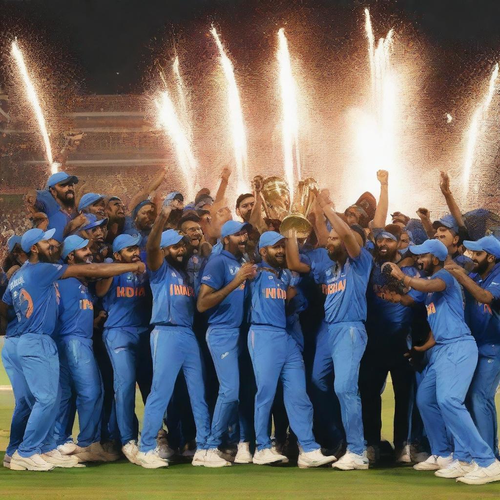 Team India in blue uniforms, joyously celebrating their World Cup victory on a crowded cricket field, trophy held high under vibrant fireworks.